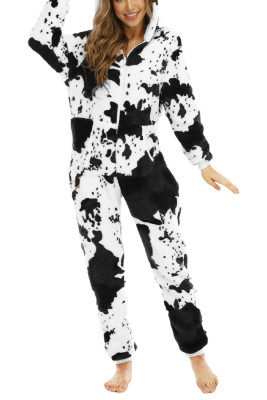 Cow Print Hooded Zipper Fleece One Piece Jumpsuit