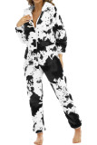 Cow Print Hooded Zipper Fleece One Piece Jumpsuit