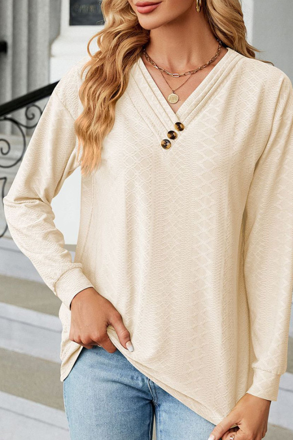 V Neck Button Jacquard Plain Top 