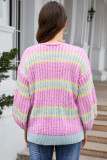 Pink Contrast Striped Open Front Cable Cardigan