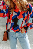 Abstract Pattern Crewneck Ruffled Puff Sleeve Blouse