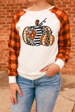 Orange Halloween Pumpkin Graphic Plaid Raglan Long Sleeve Top