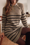 Khaki Striped Print Lace Neck Asymmetric Buttons Sweater Dress