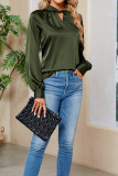 Green V Neck Satin Puff Sleeves Blouse