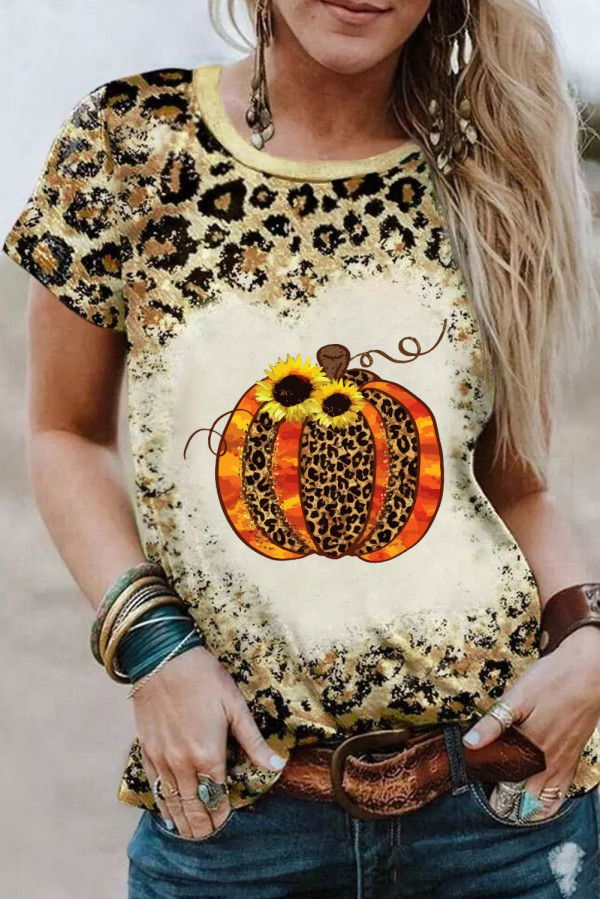 Leopard Pumpkin Graphic Print Crewneck Tee