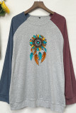 Ethnic Feather Color Block Sleeves Plus Size Top