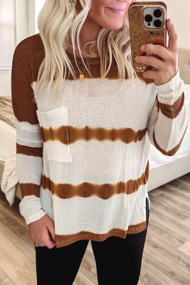 White Tie Dye Striped Loose Knitted Long Sleeve Top with Slits