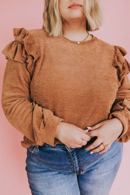 Brown Plus Size Solid Ruffled Tiered Long Sleeve Top