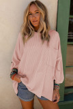 Pink Ribbed Roll-tab Sleeve Chest Pocket Oversize Top