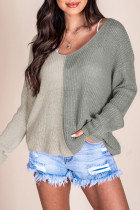 Gray Long Sleeve V-Neck Colorblock Sweater