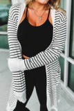 White Striped Side Pockets Open Front Cardigan