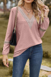 Plain V Neck Lace  Puff Long Sleeves Top