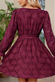 Wine Red V Neck Puff Sleeves Dress 