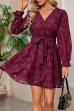 Wine Red V Neck Puff Sleeves Dress 