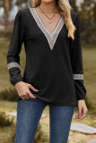 Plain V Neck Lace  Puff Long Sleeves Top