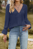Plain V Neck Lace Puff Long Sleeves Blouse