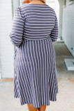 Gray Striped Tie Waist 3/4 Sleeve Plus Size Dress