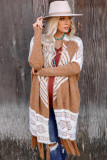 Brown Western Furry Knit Tassel Hem Cardigan
