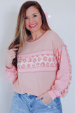 Pink Leopard Patchwork Exposed Seam Waffle Knit Top