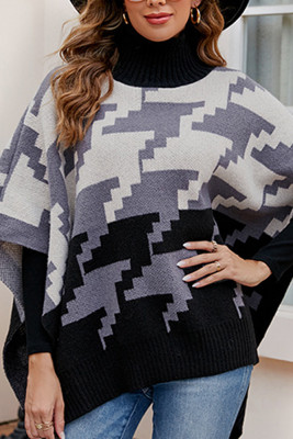 Geometric Color Block Turtle Neck Cape Sweater