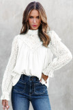 White Mock Neck Lace Splicing Long Sleeve Blouse
