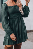 Green Ruched Square Neck Puff Sleeve Mini Dress
