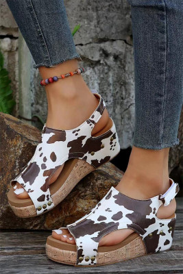 Cow Print Rivet Wedge Sandals 