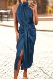 Blue Satin Ruched Sleeveless Side Slit Midi Dress