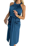 Blue Satin Ruched Sleeveless Side Slit Midi Dress