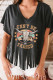 Black Western Steer Skull Print Fringed V Neck T Shirt