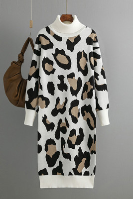 Turtleneck Leopard Knitting Sweater Dress 