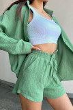 Green Crinkle Long Sleeve Shirt Drawstring Shorts Sets