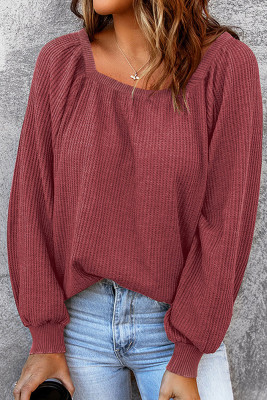 Plain Square Neck Waffle Knit Long Sleeves Top