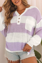 Pink Striped Knit Button Ribbed Split Neck Sweater