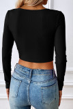 Plain Button Hollow Out Long Sleeves Crop Top