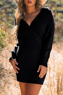 Black Cable Ribbed Knit V Neck Bodycon Sweater Dress
