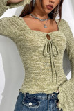 Mint Square Neck Hollow Out Lace Up Long Sleeves Top