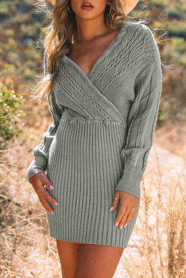Gray Cable Ribbed Knit V Neck Bodycon Sweater Dress