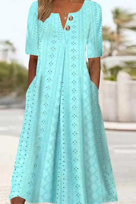 Turquoise Eyelet Pattern Button Maxi Dress