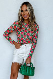 Red Retro Floral Print Stretchy Long Sleeve Top