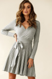 Gray Belted V Neck Ribbed Pleated Sweater Dress