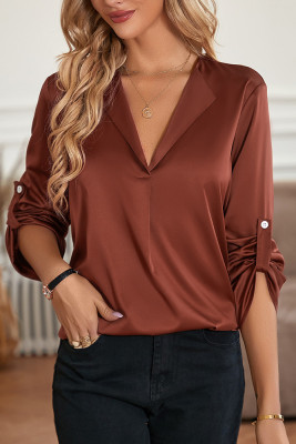 Plain Silky Flip Collar Tucked Blouse