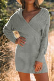 Gray Cable Ribbed Knit V Neck Bodycon Sweater Dress