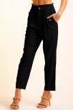 Black Button Flap Pocket High Waisted Linen Pants