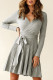 Gray Belted V Neck Ribbed Pleated Sweater Dress