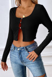 Plain Button Hollow Out Long Sleeves Crop Top