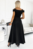 Black Cold Shoulder Ruched V Neck High Slit Dress