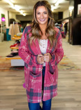 Red Plaid Casual Drop Shoulder Pocketed Cardigan