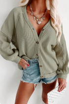 Green Exposed Seam Buttons Front Waffle Knit Cardigan