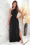 Black Shiny Velvet One Shoulder Long Split Dress